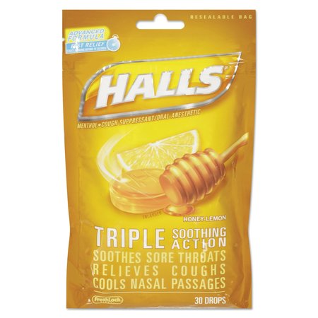 HALLS Triple Action Cough Drops, Honey-Lemon, 30/Bag, PK12 03 12546 62183 00